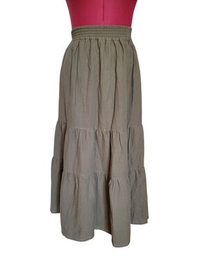 100% Cotton CHAPS Olive Green Tiered Maxi Skirt Elastic Waist Large